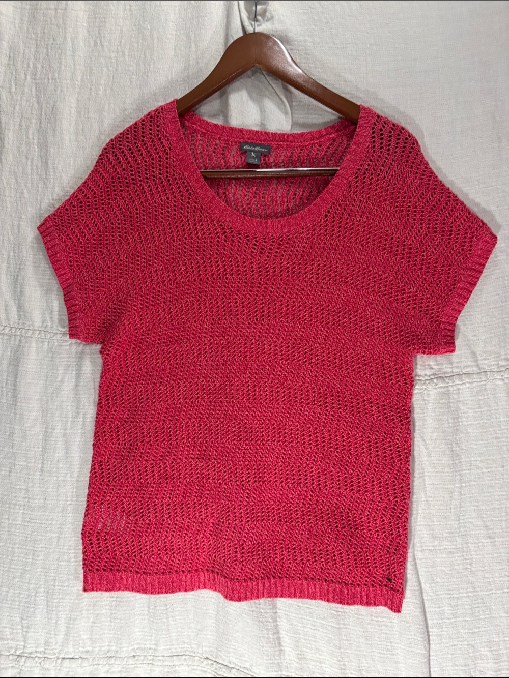 Eddie Bauer Linen Cotton Blend Open-Weave Short Sleeve Sweater Coral Pink Large